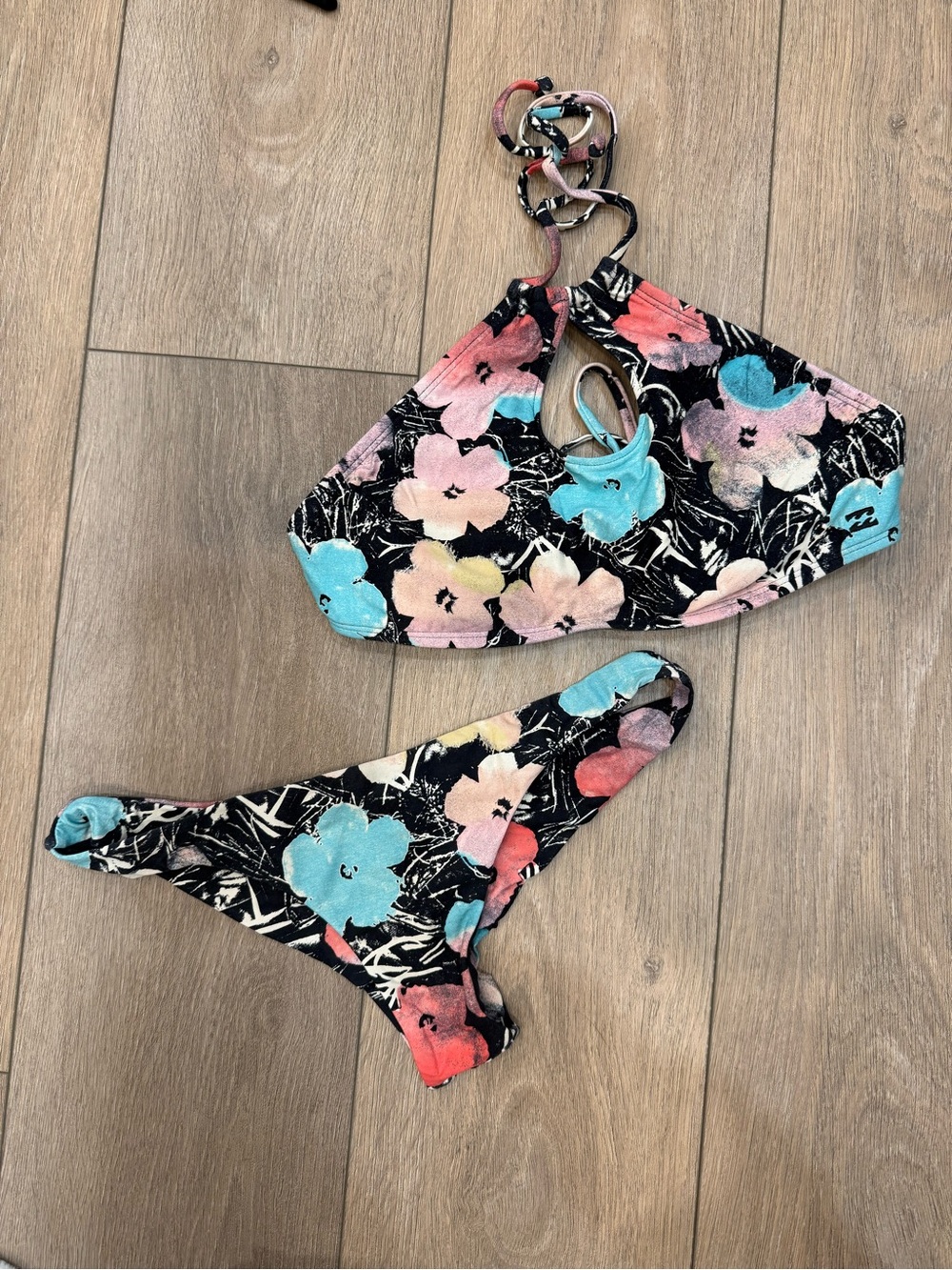 Billabong Floral Cutout Halter Bikini Set in Black with Pastel Flowers